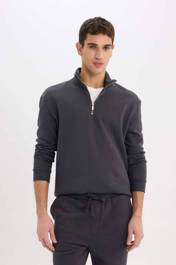 Comfort Regular Fit Zip Neck Basic Sweatshirt Charcoal - 4