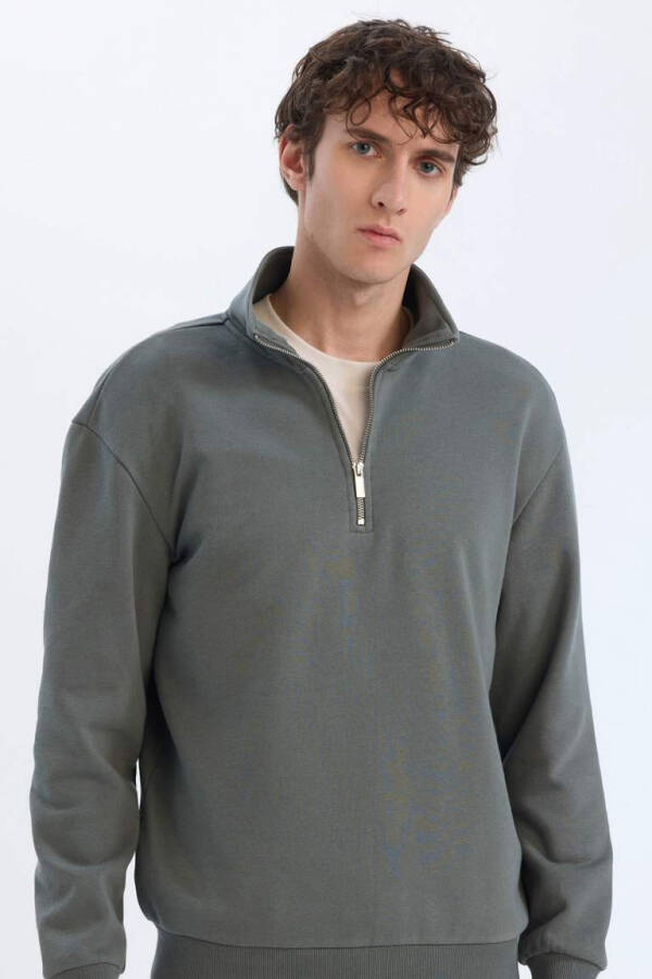 Comfort Regular Fit Zip Up Crewneck Basic Silliq Yashil - 1