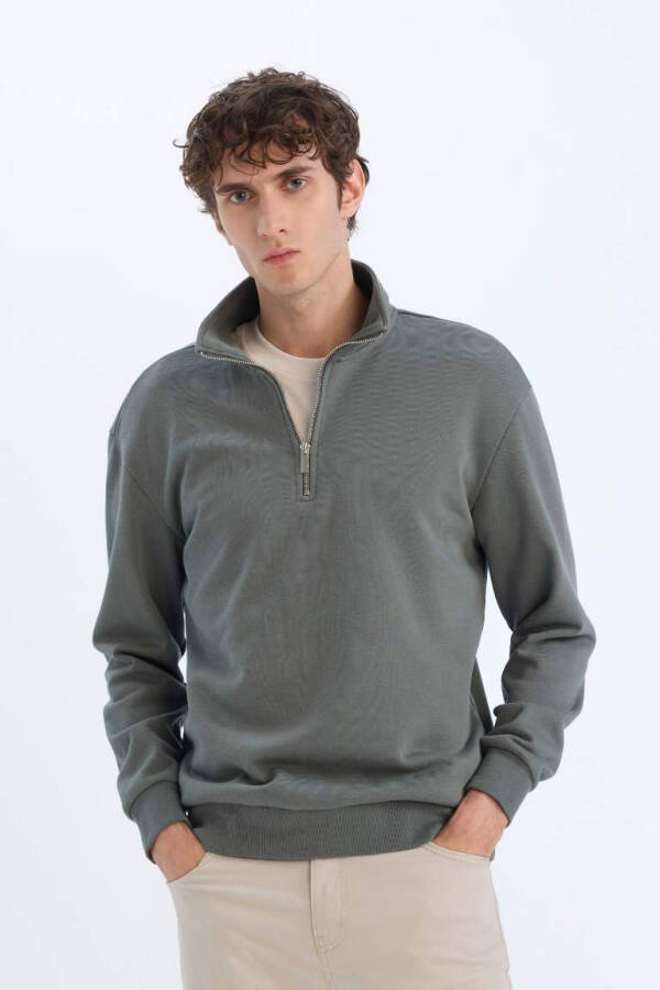 Comfort Regular Fit Zip Up Crewneck Basic Silliq Yashil - 3