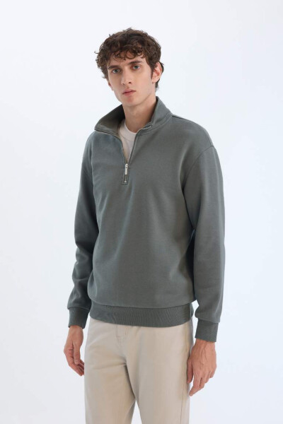 Comfort Regular Fit Zip Up Crewneck Basic Silliq Yashil - 4