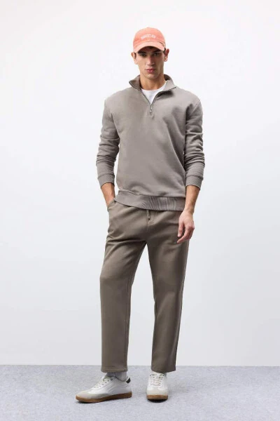 Comfort Regular Fit Zip-Up High Neck Basic Sweatshirt Khaki - DEFACTO (1)