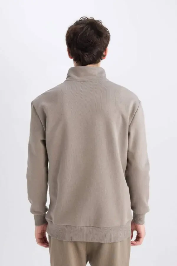Comfort Regular Fit Zip-Up High Neck Basic Sweatshirt Khaki - 9