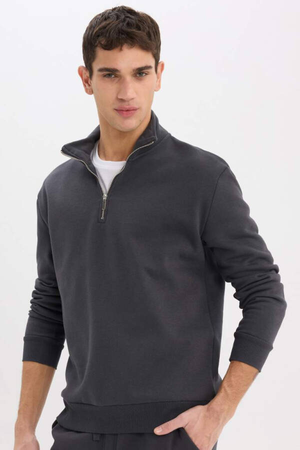 Comfort Regular Fit Ziper bilan bo‘yinli Basic Sweatshirt Antrasit - 1