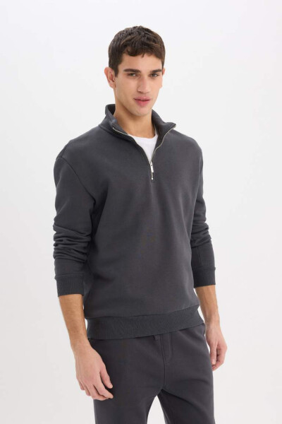 Comfort Regular Fit Ziper bilan bo‘yinli Basic Sweatshirt Antrasit - 3