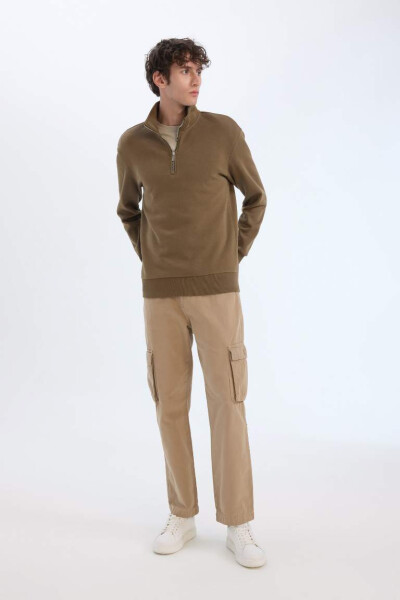 Comfort Regular Fit Zippered Stand Collar Basic Plain Sweatshirt Khaki - 2