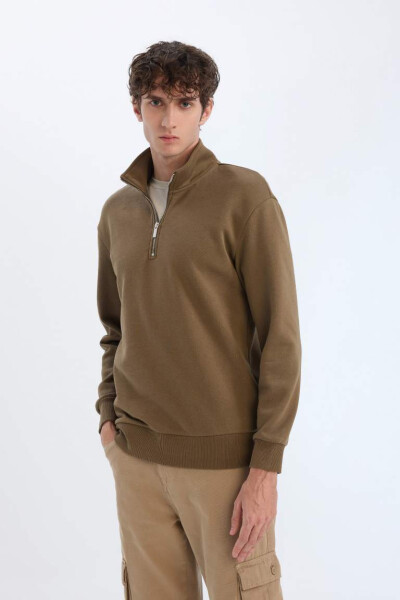 Comfort Regular Fit Zippered Stand Collar Basic Plain Sweatshirt Khaki - 3