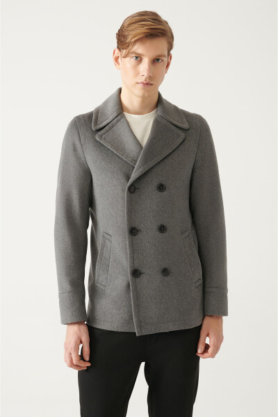 Comfortable fit, anthracite color, double-breasted collar, wool cashmere coat. - 7