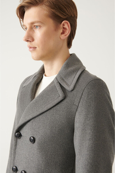 Comfortable fit, anthracite color, double-breasted collar, wool cashmere coat. - 8