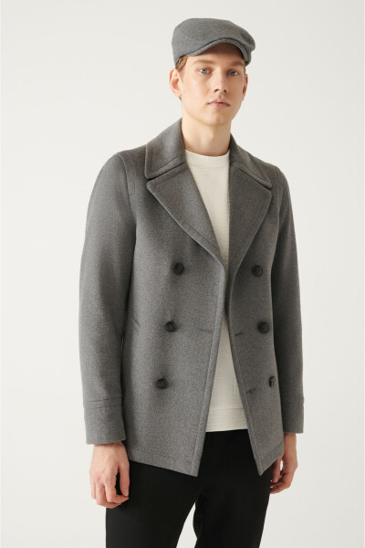 Comfortable fit, anthracite color, double-breasted collar, wool cashmere coat. - 9