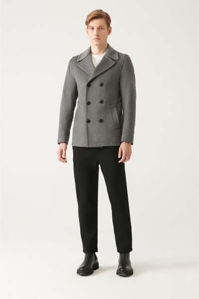 Comfortable fit, anthracite color, double-breasted collar, wool cashmere coat. - 12