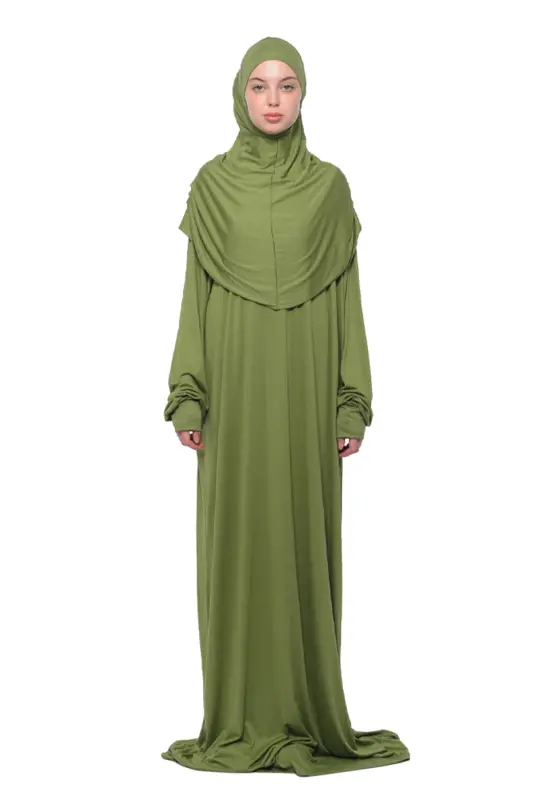 Comfortable One Piece Cotton Batwing Sleeve Removable Bonnet Organic Prayer Dress - Pistachio Green - ALTOBEH