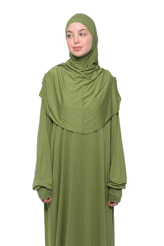 Comfortable One Piece Cotton Batwing Sleeve Removable Bonnet Organic Prayer Dress - Pistachio Green - 2