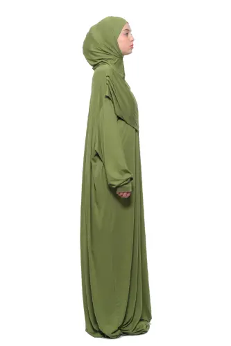 Comfortable One Piece Cotton Batwing Sleeve Removable Bonnet Organic Prayer Dress - Pistachio Green - 3