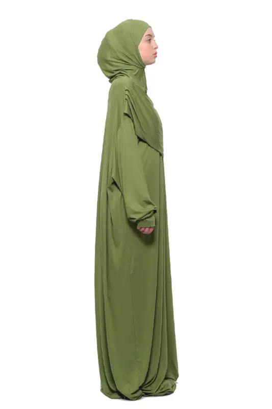 Comfortable One Piece Cotton Batwing Sleeve Removable Bonnet Organic Prayer Dress - Pistachio Green - 3