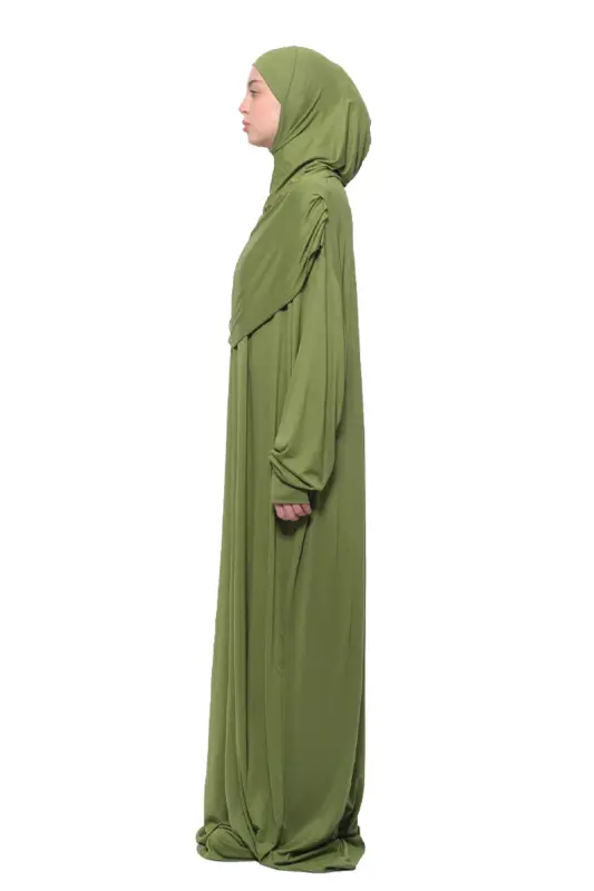 Comfortable One Piece Cotton Batwing Sleeve Removable Bonnet Organic Prayer Dress - Pistachio Green - 4