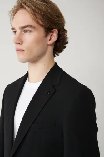 Comfortable, slim fit, black, mono collar, slit, unlined, stretch fabric men's jacket. - AVVA (1)
