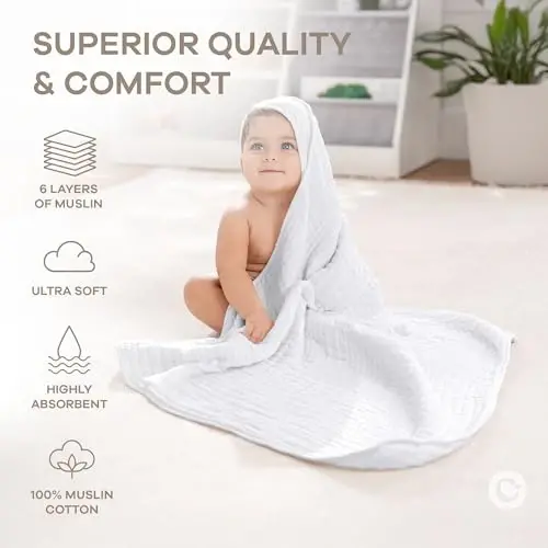 Comfy Cubs Baby Hooded 9 Layer Muslin Cotton Towel for Kids, Large 32” x 32”, Ultra Soft, Warm, and Absorbent. Baby Essentials Bath Towels, Cute Unisex Cover for Girls and Boys (Pack of 1, White) - 3