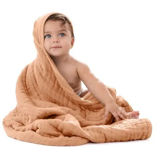 Comfy Cubs Baby Hooded 9 Layer Muslin Cotton Towel for Kids, Large 32” x 32”, Ultra Soft, Warm, and Absorbent. Baby Essentials Bath Towels, Cute Unisex Cover for Girls and Boys (Pack of 1, Caramel) - 1