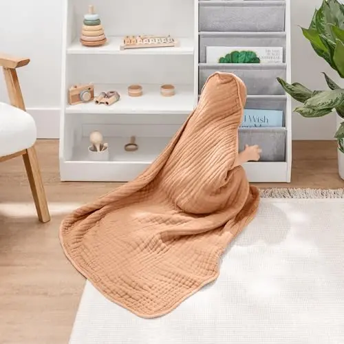 Comfy Cubs Baby Hooded 9 Layer Muslin Cotton Towel for Kids, Large 32” x 32”, Ultra Soft, Warm, and Absorbent. Baby Essentials Bath Towels, Cute Unisex Cover for Girls and Boys (Pack of 1, Caramel) - 2