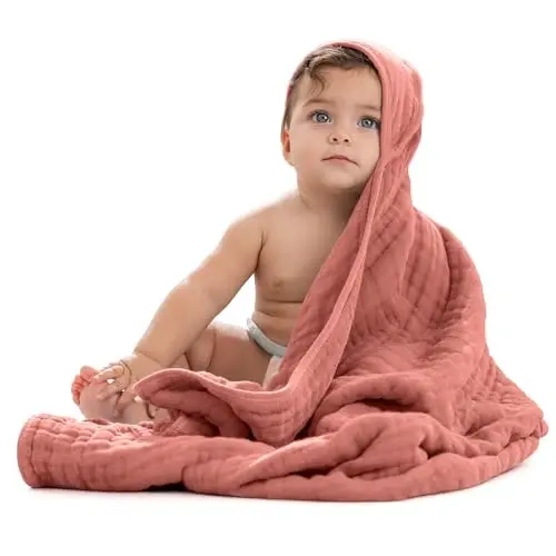 Comfy Cubs Hooded Baby Towel 1-Pack, Large 32 x 32 Inch - 6 Layer 100% Muslin Cotton for Babies, Toddlers and Kids - Soft & Absorbent Baby Bath Towels - Unisex Design for Bath Time - Dusty Rose - 1