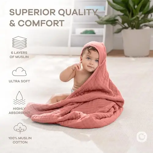 Comfy Cubs Hooded Baby Towel 1-Pack, Large 32 x 32 Inch - 6 Layer 100% Muslin Cotton for Babies, Toddlers and Kids - Soft & Absorbent Baby Bath Towels - Unisex Design for Bath Time - Dusty Rose - 4
