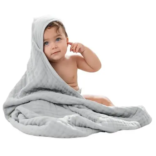 Comfy Cubs Hooded Baby Towel 1-Pack, Large 32 x 32 Inch - 6 Layer 100% Muslin Cotton for Babies, Toddlers and Kids - Soft & Absorbent Baby Bath Towels - Unisex Design for Bath Time - Heather Blue 