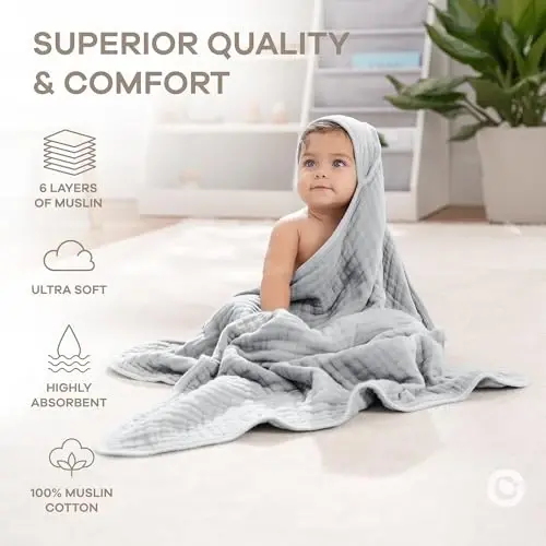 Comfy Cubs Hooded Baby Towel 1-Pack, Large 32 x 32 Inch - 6 Layer 100% Muslin Cotton for Babies, Toddlers and Kids - Soft & Absorbent Baby Bath Towels - Unisex Design for Bath Time - Heather Blue - 4