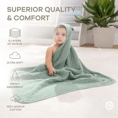 Comfy Cubs Hooded Baby Towel 2-Pack, Large 32 x 32 Inch - 6 Layer 100% Muslin Cotton for Babies, Toddlers and Kids - Soft & Absorbent Baby Bath Towels - Unisex Design for Bath Time - Fern - 4