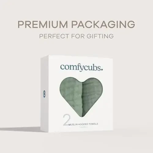 Comfy Cubs Hooded Baby Towel 2-Pack, Large 32 x 32 Inch - 6 Layer 100% Muslin Cotton for Babies, Toddlers and Kids - Soft & Absorbent Baby Bath Towels - Unisex Design for Bath Time - Fern - 4