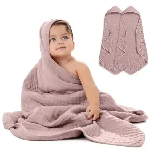 Comfy Cubs Hooded Baby Towel 2-Pack, Large 32 x 32 Inch - 6 Layer 100% Muslin Cotton for Babies, Toddlers and Kids - Soft & Absorbent Baby Bath Towels - Unisex Design for Bath Time - Mauve - MODAZONE