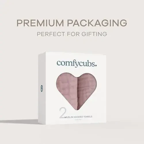 Comfy Cubs Hooded Baby Towel 2-Pack, Large 32 x 32 Inch - 6 Layer 100% Muslin Cotton for Babies, Toddlers and Kids - Soft & Absorbent Baby Bath Towels - Unisex Design for Bath Time - Mauve - 4