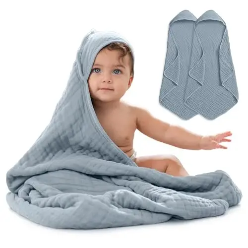 Comfy Cubs Hooded Baby Towel 2-Pack, Large 32 x 32 Inch - 6 Layer 100% Muslin Cotton for Babies, Toddlers and Kids - Soft & Absorbent Baby Bath Towels - Unisex Design for Bath Time - Pacific Blue - 1