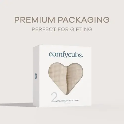 Comfy Cubs Hooded Baby Towel 2-Pack, Large 32 x 32 Inch - 6 Layer 100% Muslin Cotton for Babies, Toddlers and Kids - Soft & Absorbent Baby Bath Towels - Unisex Design for Bath Time - Sand - 4