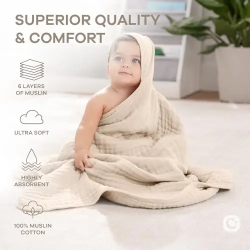 Comfy Cubs Hooded Baby Towel 2-Pack, Large 32 x 32 Inch - 6 Layer 100% Muslin Cotton for Babies, Toddlers and Kids - Soft & Absorbent Baby Bath Towels - Unisex Design for Bath Time - Sand - 4