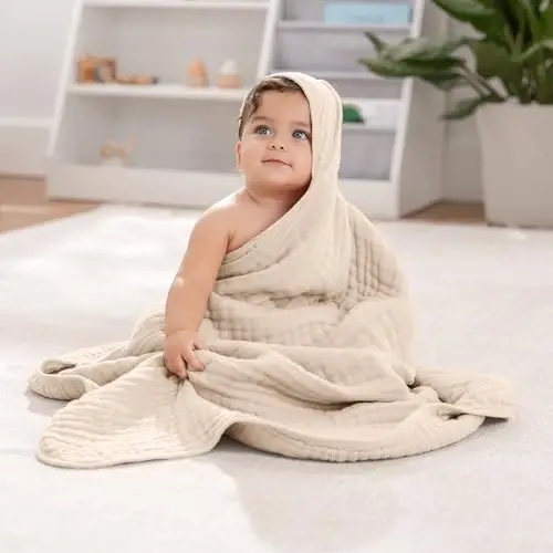 Comfy Cubs Hooded Baby Towel 2-Pack, Large 32 x 32 Inch - 6 Layer 100% Muslin Cotton for Babies, Toddlers, Kids - Soft & Absorbent Baby Bath Towels - Unisex Design for Bath Time, Cedar and Sand - 5