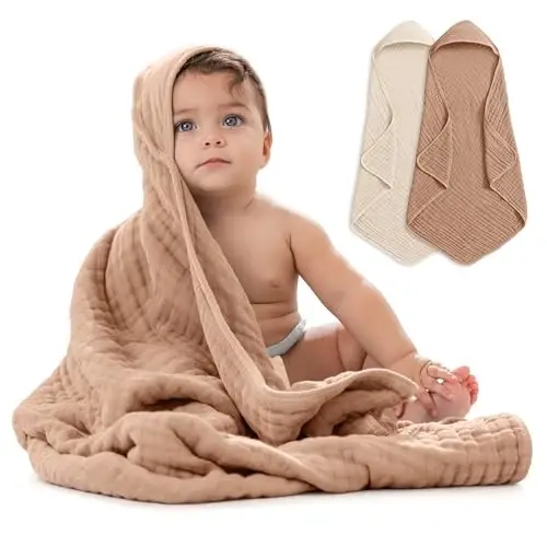 Comfy Cubs Hooded Baby Towel 2-Pack, Large 32 x 32 Inch - 6 Layer 100% Muslin Cotton for Babies, Toddlers, Kids - Soft & Absorbent Baby Bath Towels - Unisex Design for Bath Time, Cedar and Sand 