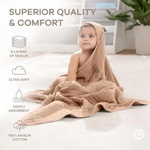 Comfy Cubs Hooded Baby Towel 2-Pack, Large 32 x 32 Inch - 6 Layer 100% Muslin Cotton for Babies, Toddlers, Kids - Soft & Absorbent Baby Bath Towels - Unisex Design for Bath Time, Cedar and Sand - 4
