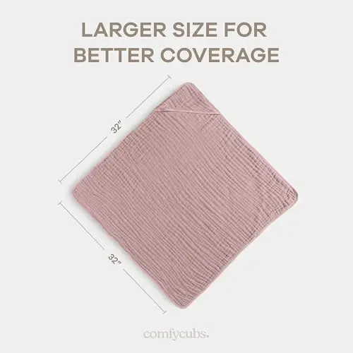 Comfy Cubs Hooded Baby Towel 2-Pack, Large 32 x 32 Inch - 6 Layer 100% Muslin Cotton for Babies, Toddlers, Kids - Soft & Absorbent Baby Bath Towels - Unisex Design for Bath Time, Mauve and Blush - 8
