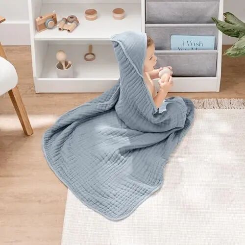 Comfy Cubs Hooded Baby Towel 2-Pack, Large 32 x 32 Inch - 6 Layer 100% Muslin Cotton for Babies, Toddlers, Kids - Soft & Absorbent Baby Bath Towels - Unisex Design for Bath Time, Pacific Blue and Fern - 2