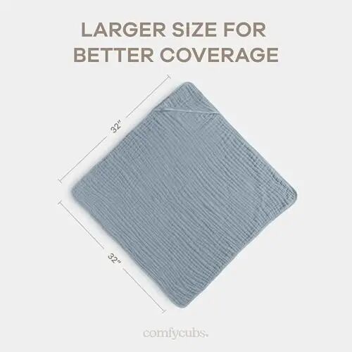 Comfy Cubs Hooded Baby Towel 2-Pack, Large 32 x 32 Inch - 6 Layer 100% Muslin Cotton for Babies, Toddlers, Kids - Soft & Absorbent Baby Bath Towels - Unisex Design for Bath Time, Pacific Blue and Fern - 3