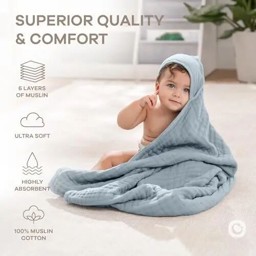 Comfy Cubs Hooded Baby Towel 2-Pack, Large 32 x 32 Inch - 6 Layer 100% Muslin Cotton for Babies, Toddlers, Kids - Soft & Absorbent Baby Bath Towels - Unisex Design for Bath Time, Pacific Blue and Fern - 4