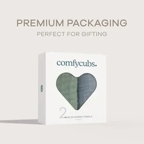 Comfy Cubs Hooded Baby Towel 2-Pack, Large 32 x 32 Inch - 6 Layer 100% Muslin Cotton for Babies, Toddlers, Kids - Soft & Absorbent Baby Bath Towels - Unisex Design for Bath Time, Pacific Blue and Fern - 5