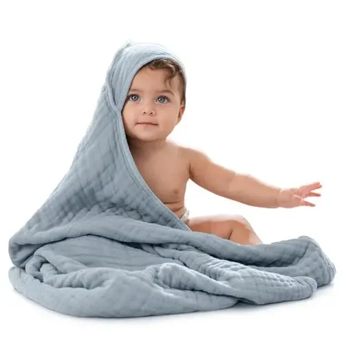 Comfy Cubs капюшонли болалар сочиқлари 2 дона, катта 32 x 32 дюйм - 6 қатламли 100% муслин пахтаси чақалоқлар, кичкинтойлар ва болалар учун - юмшоқ ва ютувчи болалар учун сочиқлар - чўмилиш вақти учун унисекс дизайн - Тинч океани кўки - MODAZONE