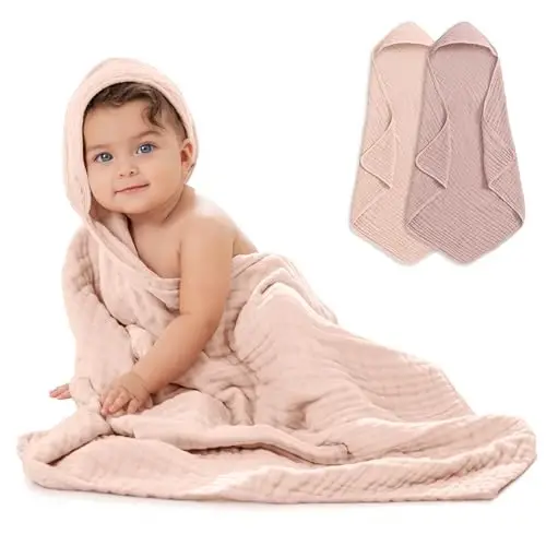 Comfy Cubs Hooded Baby Towel 2-Pack, Large 32 x 32 Inch - 6 Layer 100% Muslin Cotton for Babies, Toddlers, Kids - Soft & Absorbent Baby Bath Towels - Unisex Design for Bath Time, Mauve and Blush - 1