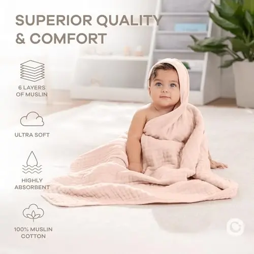 Comfy Cubs Hooded Baby Towel 2-Pack, Large 32 x 32 Inch - 6 Layer 100% Muslin Cotton for Babies, Toddlers, Kids - Soft & Absorbent Baby Bath Towels - Unisex Design for Bath Time, Mauve and Blush - 5