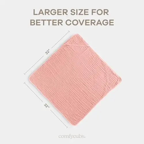 Comfy Cubs Hooded Baby Towel 2-Pack, Large 32 x 32 Inch - 6 Layer 100% Muslin Cotton for Babies, Toddlers and Kids - Soft & Absorbent Baby Bath Towels - Unisex Design for Bath Time - Bold Blush - 3