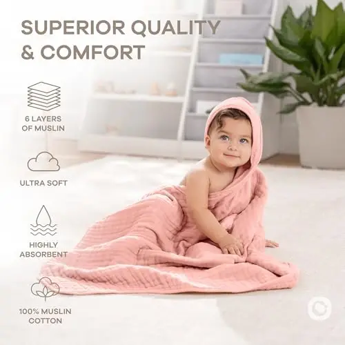 Comfy Cubs Hooded Baby Towel 2-Pack, Large 32 x 32 Inch - 6 Layer 100% Muslin Cotton for Babies, Toddlers and Kids - Soft & Absorbent Baby Bath Towels - Unisex Design for Bath Time - Bold Blush - 4
