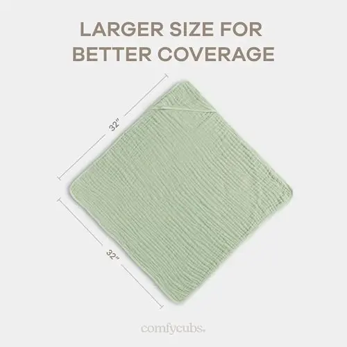 Comfy Cubs Hooded Baby Towel 2-Pack, Large 32 x 32 Inch - 6 Layer 100% Muslin Cotton for Babies, Toddlers and Kids - Soft & Absorbent Baby Bath Towels - Unisex Design for Bath Time - Sage - 3