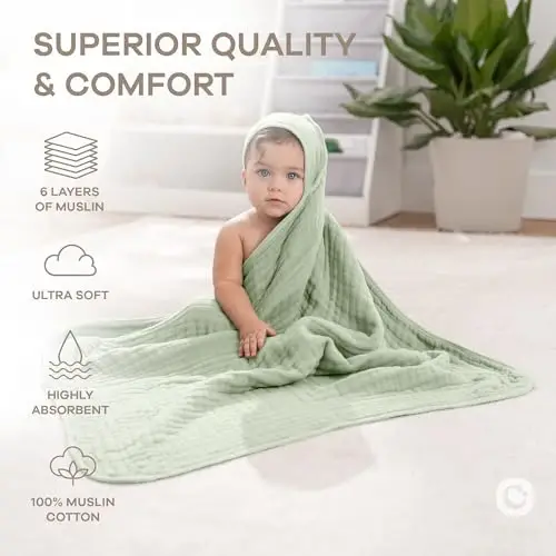 Comfy Cubs Hooded Baby Towel 2-Pack, Large 32 x 32 Inch - 6 Layer 100% Muslin Cotton for Babies, Toddlers and Kids - Soft & Absorbent Baby Bath Towels - Unisex Design for Bath Time - Sage - 5