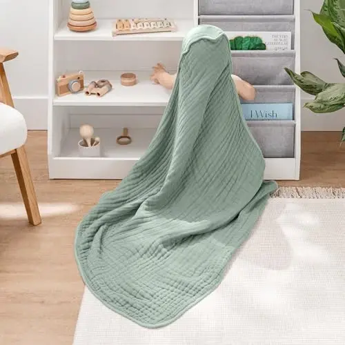 Comfy Cubs Kapşonlu Bebek Havlusu 2'li Paket, Büyük 32 x 32 İnç - 6 Kat %100 Müslin Pamuk Bebekler, Yeni Yürümeye Başlayan Çocuklar ve Çocuklar İçin - Yumuşak ve Emici Bebek Banyo Havluları - Banyo Zamanı için Unisex Tasarım - Eğrelti Otu - COMFY (1)